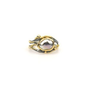 Double Seafire ring met Keshi parel en champagne kleur diamant 0.04ct