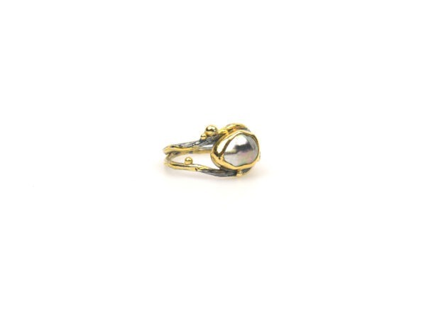 Double Seafire ring met Keshi parel en champagne kleur diamant 0.04ct